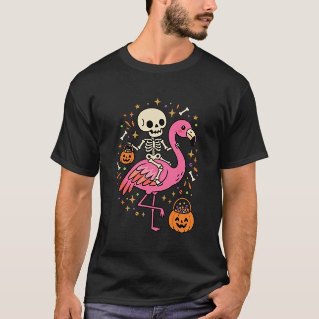Camiseta Flamingo Esqueleto Halloween Balde De Doces Vetor  (Frente)