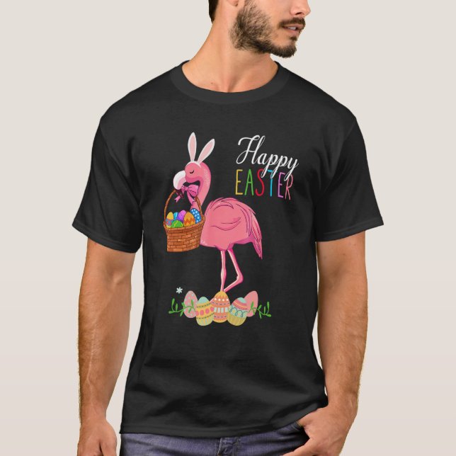 Camiseta Flamingo Felz pascoa Engraçado Com Cesta De Ovos D (Frente)