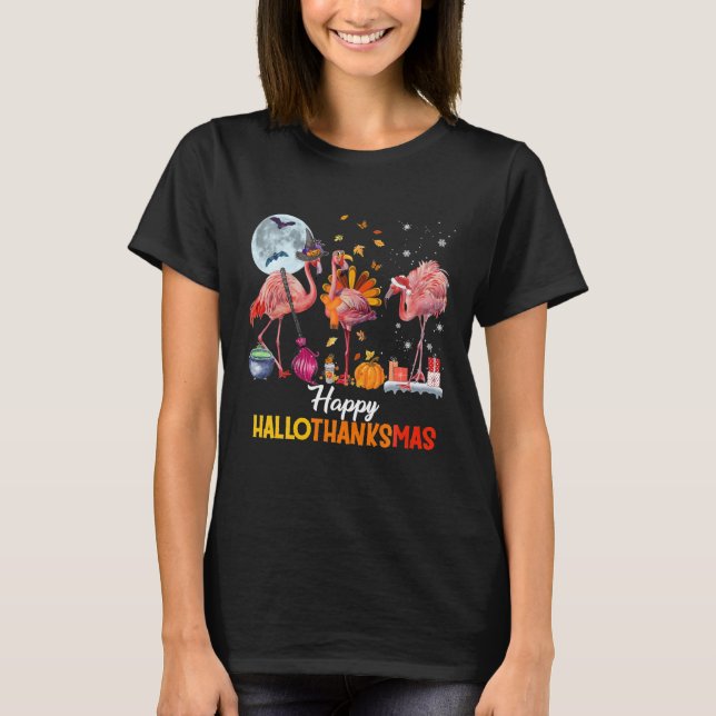 Camiseta Flamingo Halloween Ação De Graças E Feliz (Frente)