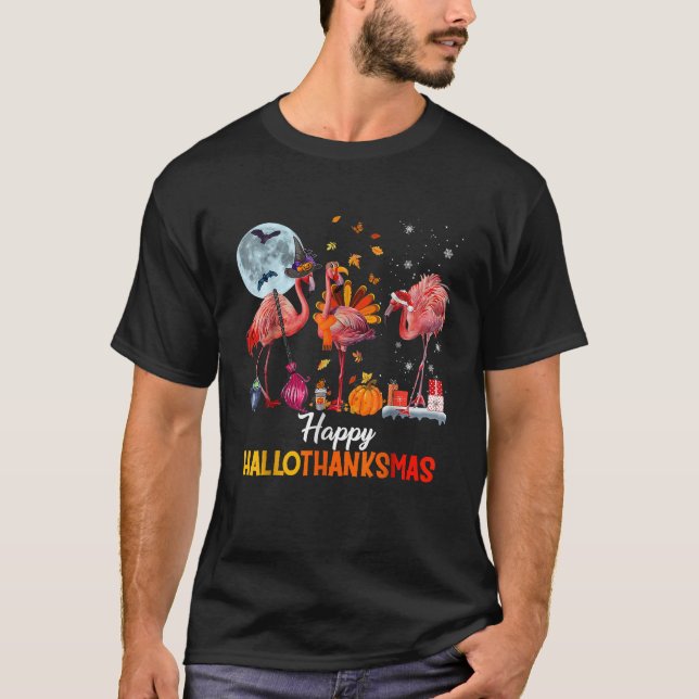 Camiseta Flamingo Halloween E Feliz Natal Hallo (Frente)