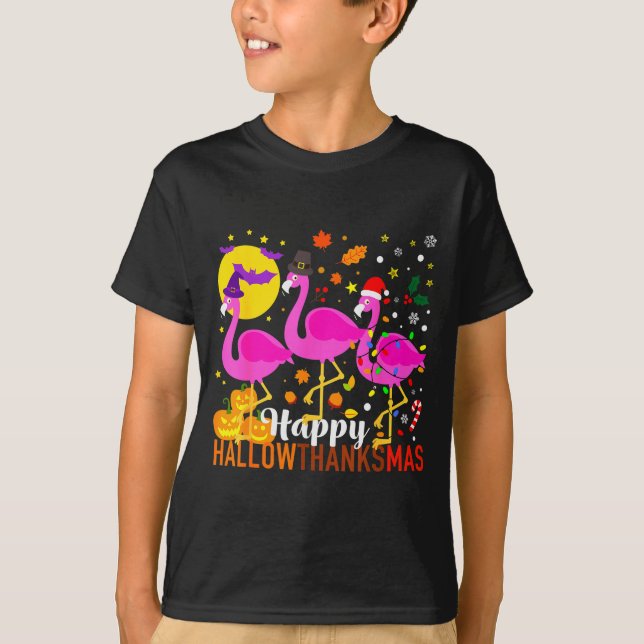 Camiseta Flamingo Halloween Thanksgiving Christmas Hallowth (Frente)