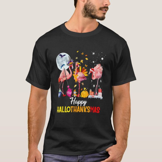 Camiseta Flamingo Happy Hallo Halloween Halloween Thanksgiv (Frente)