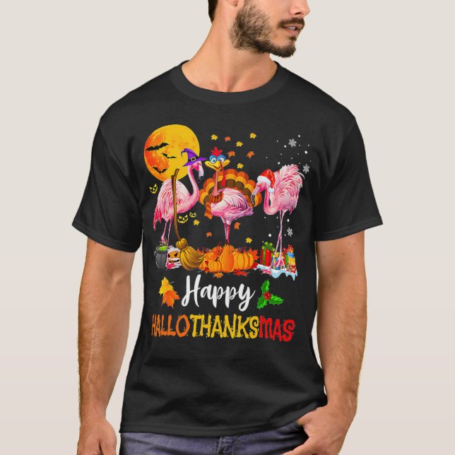 Camiseta Flamingo Happy HalloThanksMas Halloween Thanksgivi (Frente)