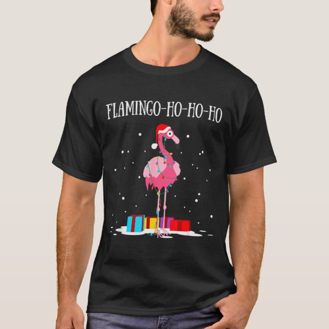 Camiseta Flamingo Ho Ho Ho Nk Christmas Tree Lights Chain X (Frente)