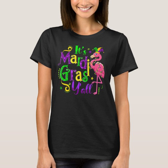 Camiseta Flamingo It's Mardi Gras Y'all Jester Hat Mask Bea (Frente)