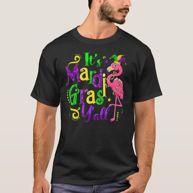 Camiseta Flamingo It's Mardi Gras Y'all Jester Hat Mask Bea (Frente)