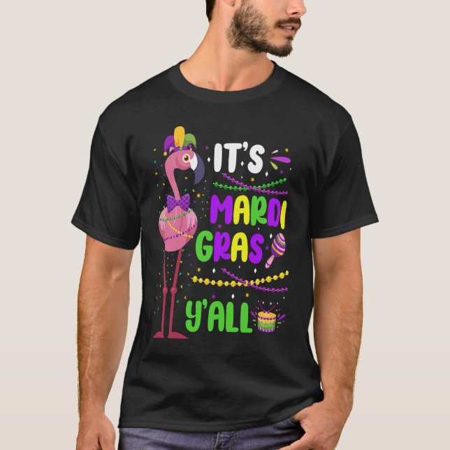 Camiseta Flamingo Jester Hat Beads Mask It's Mardi Gras Y'a (Frente)