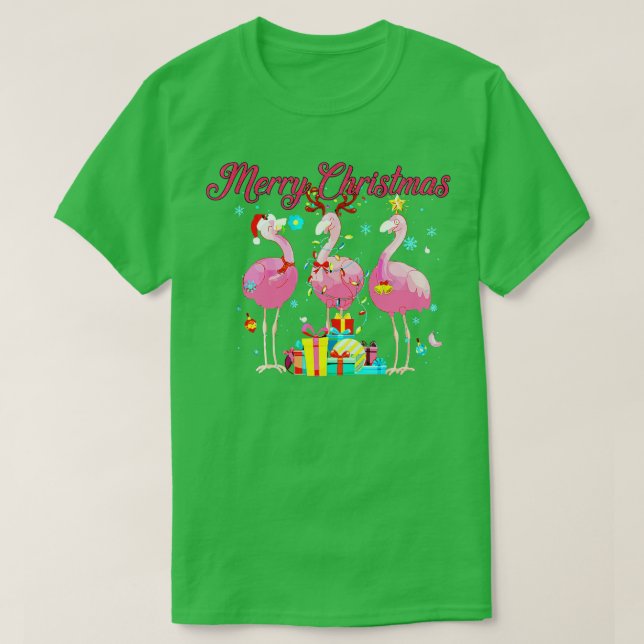 Camiseta Flamingo Lights Santa Hat Sweater Tree Cristo (Frente do Design)