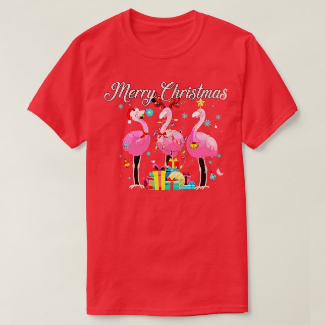 Camiseta Flamingo Lights Santa Hat Sweater Tree Cristo (Frente do Design)