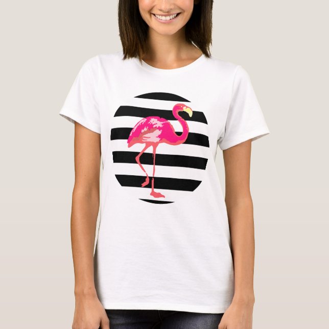 Camiseta Flamingo, listras brancas e pretas (Frente)