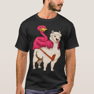 Camiseta Flamingo Montando Lhama Rebanho Ave Lhama Fazende
