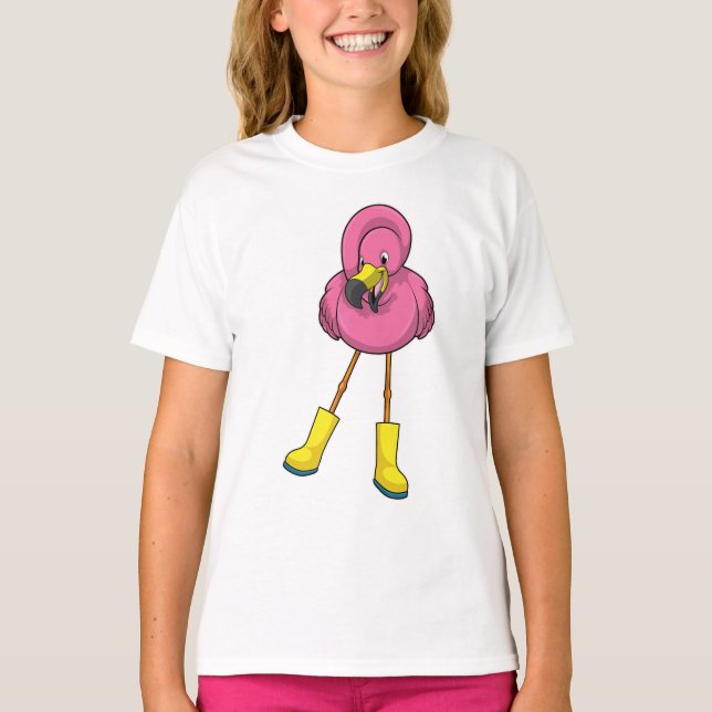 Camiseta Flamingo na chuva com botas de borracha (Frente)