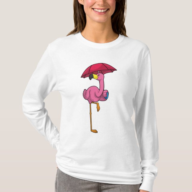 Camiseta Flamingo na chuva com guarda-chuva (Frente)