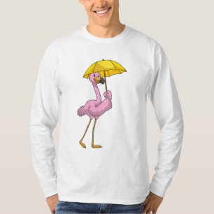 Camiseta Flamingo na chuva com guarda-chuva