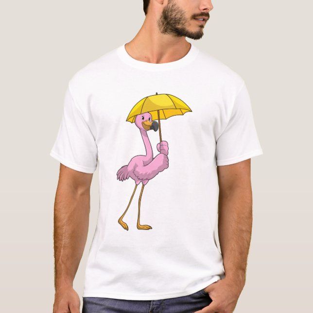 Camiseta Flamingo na chuva com guarda-chuva (Frente)