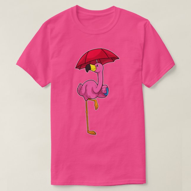 Camiseta Flamingo na chuva com guarda-chuva 2 (Frente do Design)