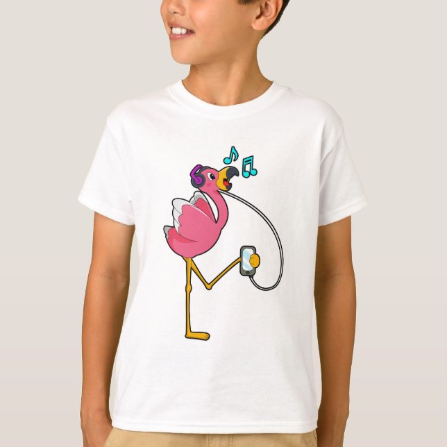 Camiseta Flamingo na Música com Fone de Ouvido (Frente)