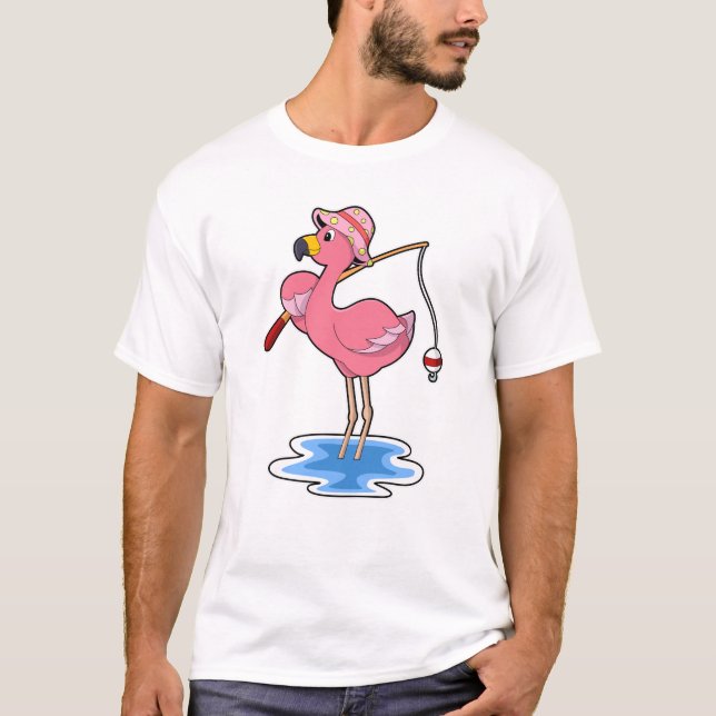 Camiseta Flamingo na pesca com cana de pesca (Frente)
