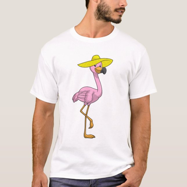Camiseta Flamingo na praia com chapéu (Frente)
