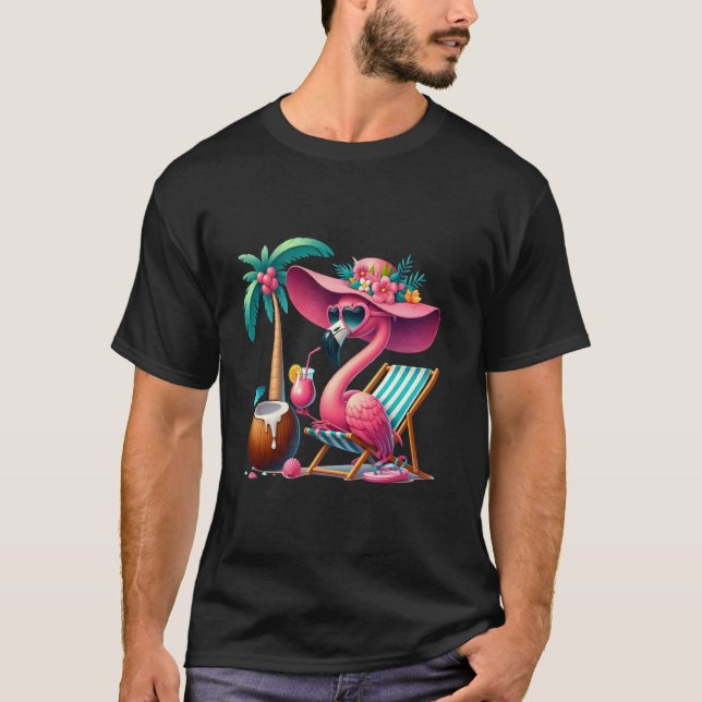 Camiseta Flamingo Pink Palm Tree Tropical Beach Summer Vaca (Frente)