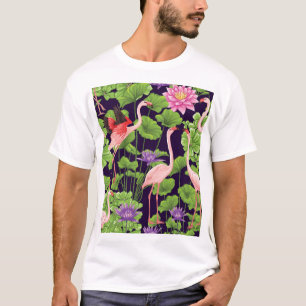 Camiseta Flamingo, plantas tropicais, fundo negro.