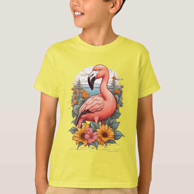 Camiseta Flamingo rosa cercado por flores (Frente)