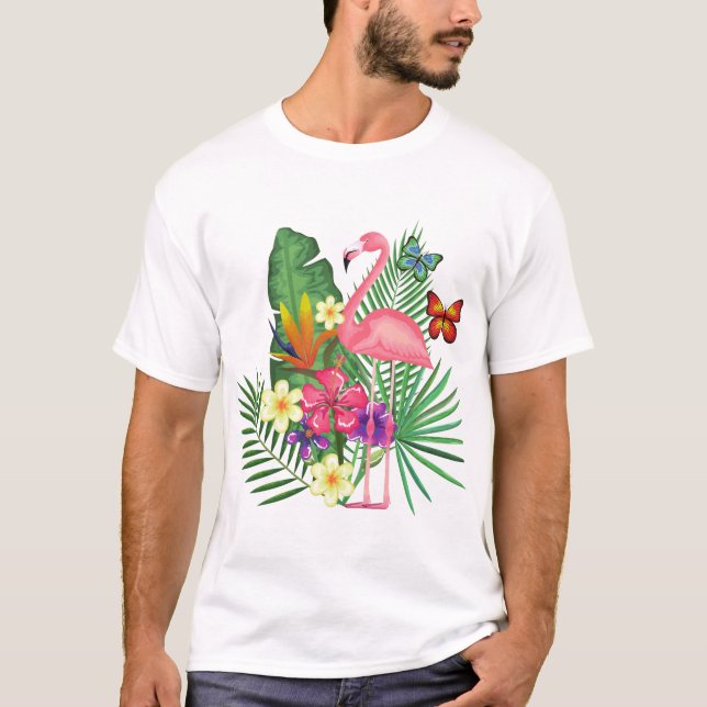Camiseta Flamingo Rosa com Borboleta Para Amantes Flamingo (Frente)