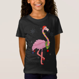 Camiseta Flamingo rosa e bonito com neve, luzes e Papai Noe
