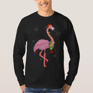 Camiseta Flamingo rosa e bonito com neve, luzes e Papai Noe