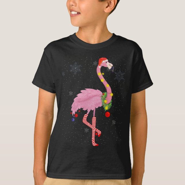Camiseta Flamingo rosa e bonito com neve, luzes e Papai Noe (Frente)