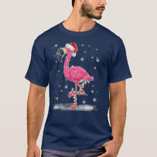 Camiseta Flamingo Rosa Fofo com Neve, Luzes e Chapéu de Pap