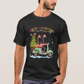 Camiseta Flamingo Santa Hat Xmas Light Motobike Natal