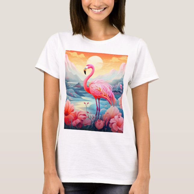 Camiseta Flamingo Tropical com Flores (Frente)