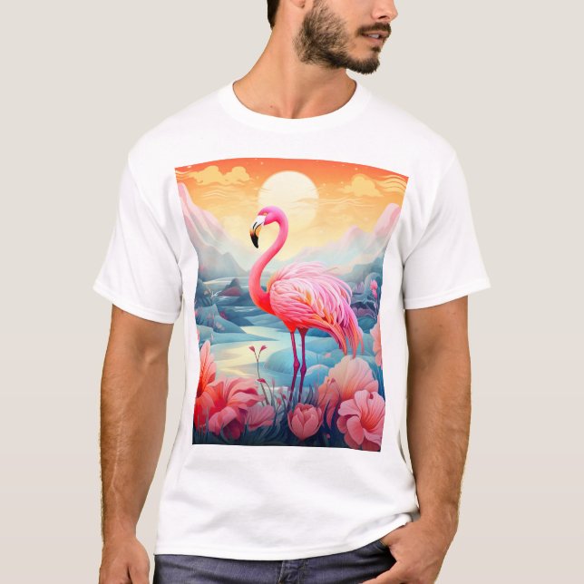 Camiseta Flamingo Tropical com Flores (Frente)