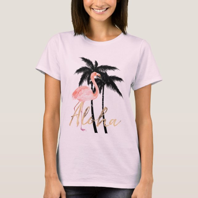 Camiseta Flamingo tropical das palmeiras Aloha (Frente)