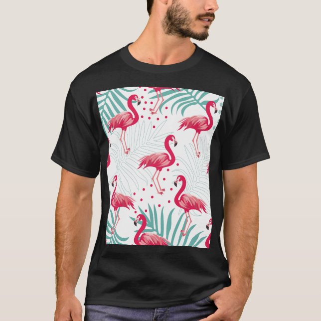 Camiseta Flamingo tropical e folhas, padrão de verão. (Frente)