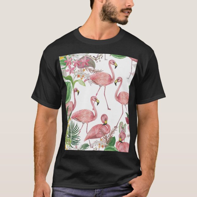 Camiseta Flamingo Tropical Leaves Watercolor Patterno (Frente)