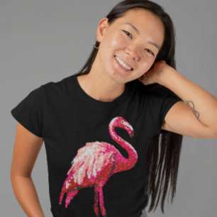 Camiseta Flamingo Tropical Rosa Preto Estampado com Lantejo