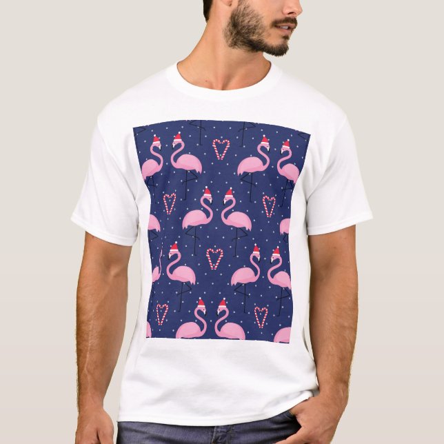 Camiseta Flamingo Xmas Hat Candy Patterno (Frente)