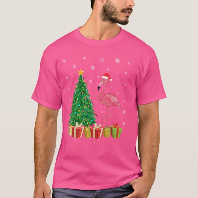 Camiseta Flamingo Xmas Tree Lighting Santa Hat Flamingo Chr (Frente)