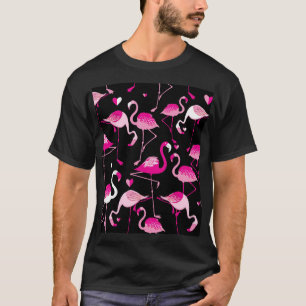 Camiseta flamingos cor-de-rosa, padrão sem costura escuro.