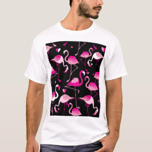 Camiseta flamingos cor-de-rosa, padrão sem costura escuro.