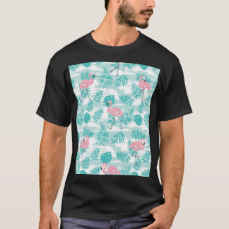 Camiseta flamingos cor-de-rosa, palmeiras verdes, tropicais