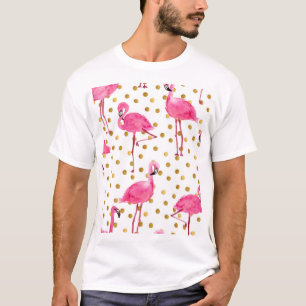 Camiseta flamingos cor-de-rosa, pontos ouros, aquarela.