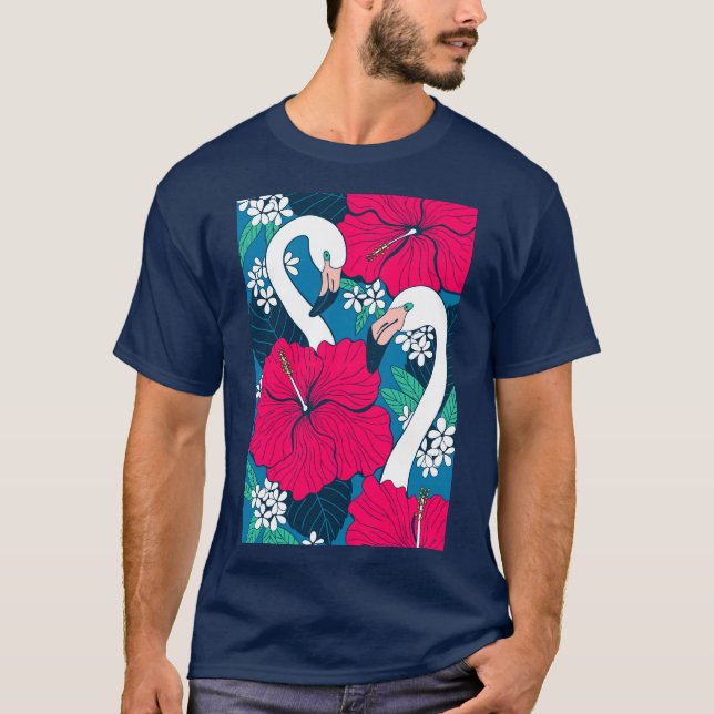 Camiseta Flamingos, hibiscos e folhas tropicais (Frente)