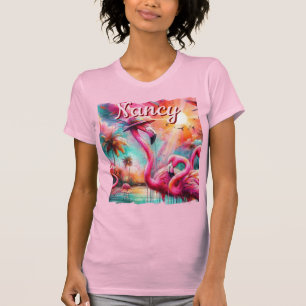 Camiseta Flamingos Palmeiras Rosa Tropicais Personalizadas