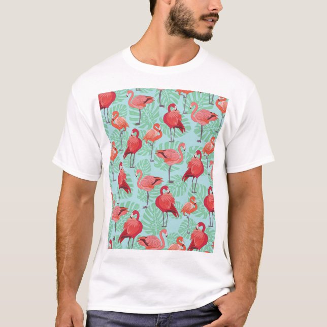 Camiseta Flamingos Rosa: Padrão Exótico Sem Olhos. (Frente)