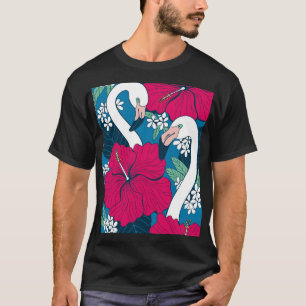 Camiseta Flamingos Tropicais: Fundo de Hibiscus Plumeria.