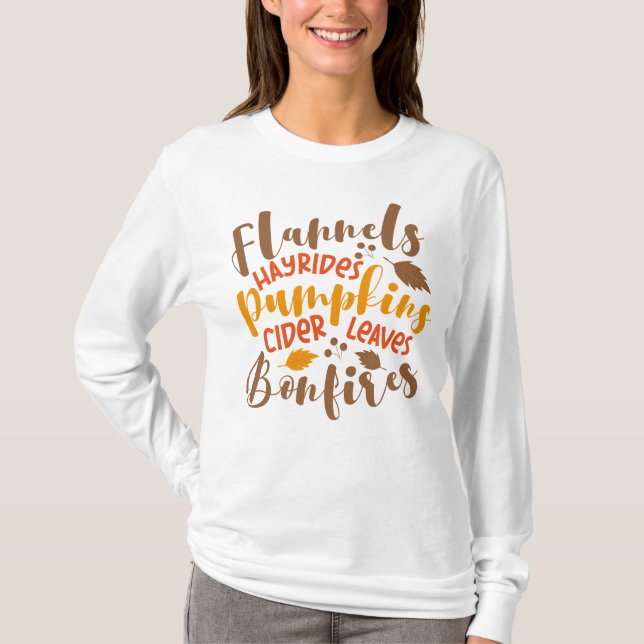 Camiseta Flannels Hay Rides Pumpkins Cider Deixa Bonfire (Frente)