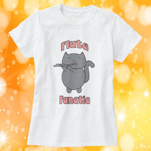 Camiseta Flauta Fanática Gato Cinza Rosa